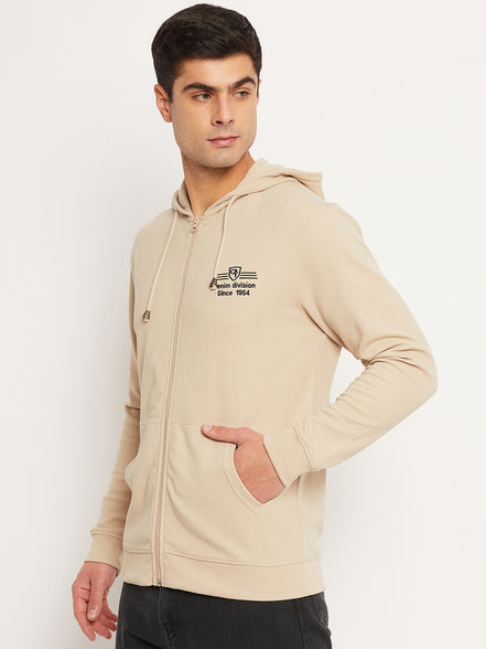 Beige Solid Full Sleeve Hooded Sweatshirt