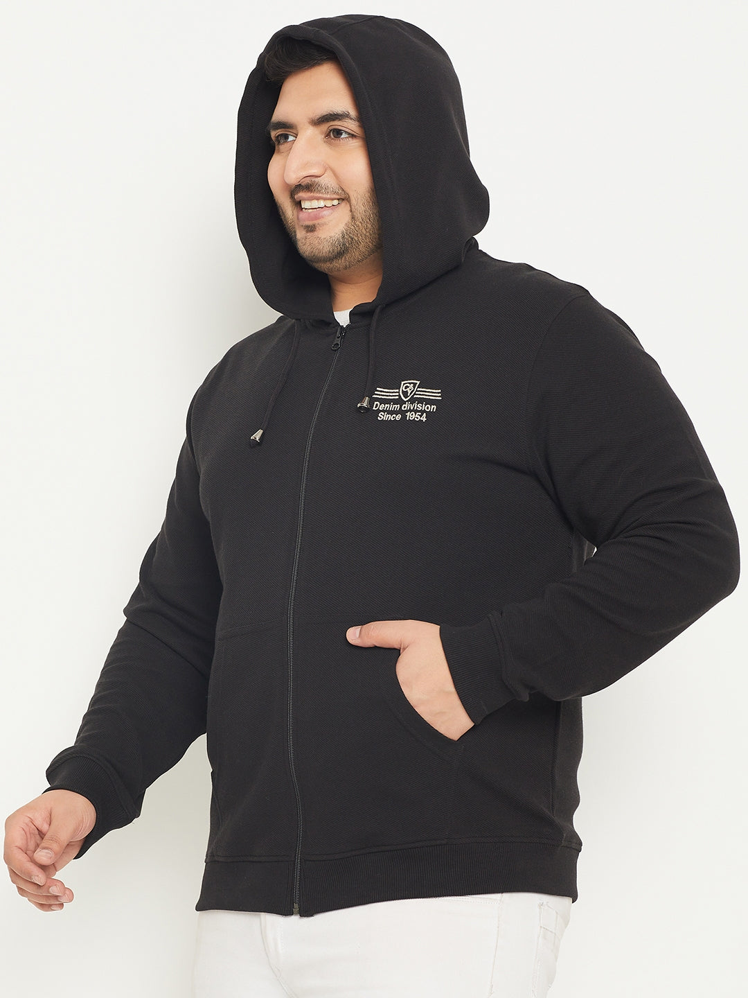 Black Solid Full Sleeve Hooded Plus Size Sweatshirt