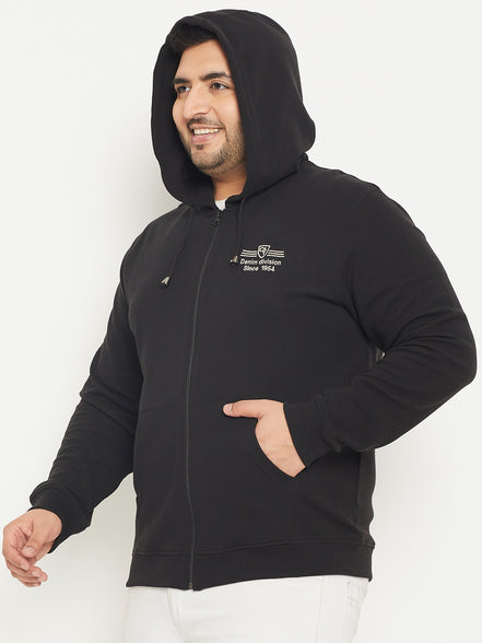 Black Solid Full Sleeve Hooded Plus Size Sweatshirt