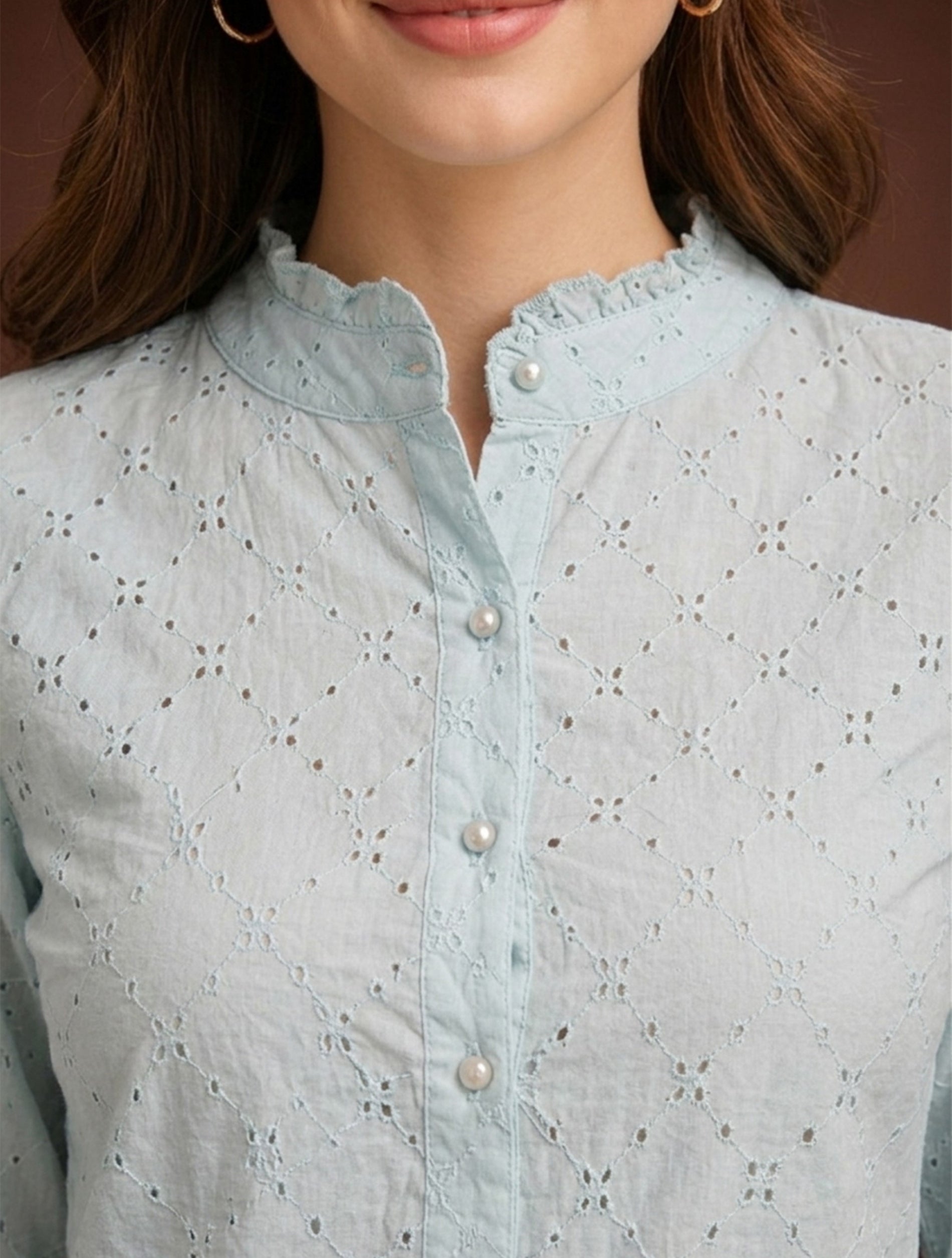Aqua Bloom Schiffli Shirt For Women