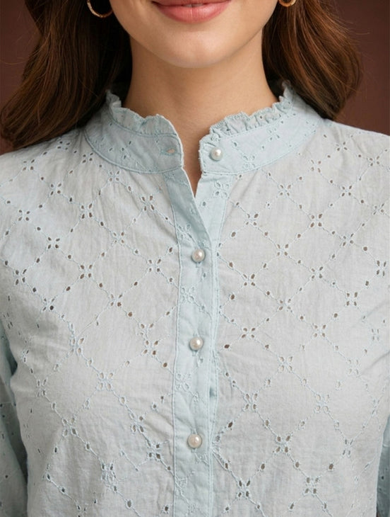 Aqua Bloom Schiffli Shirt For Women