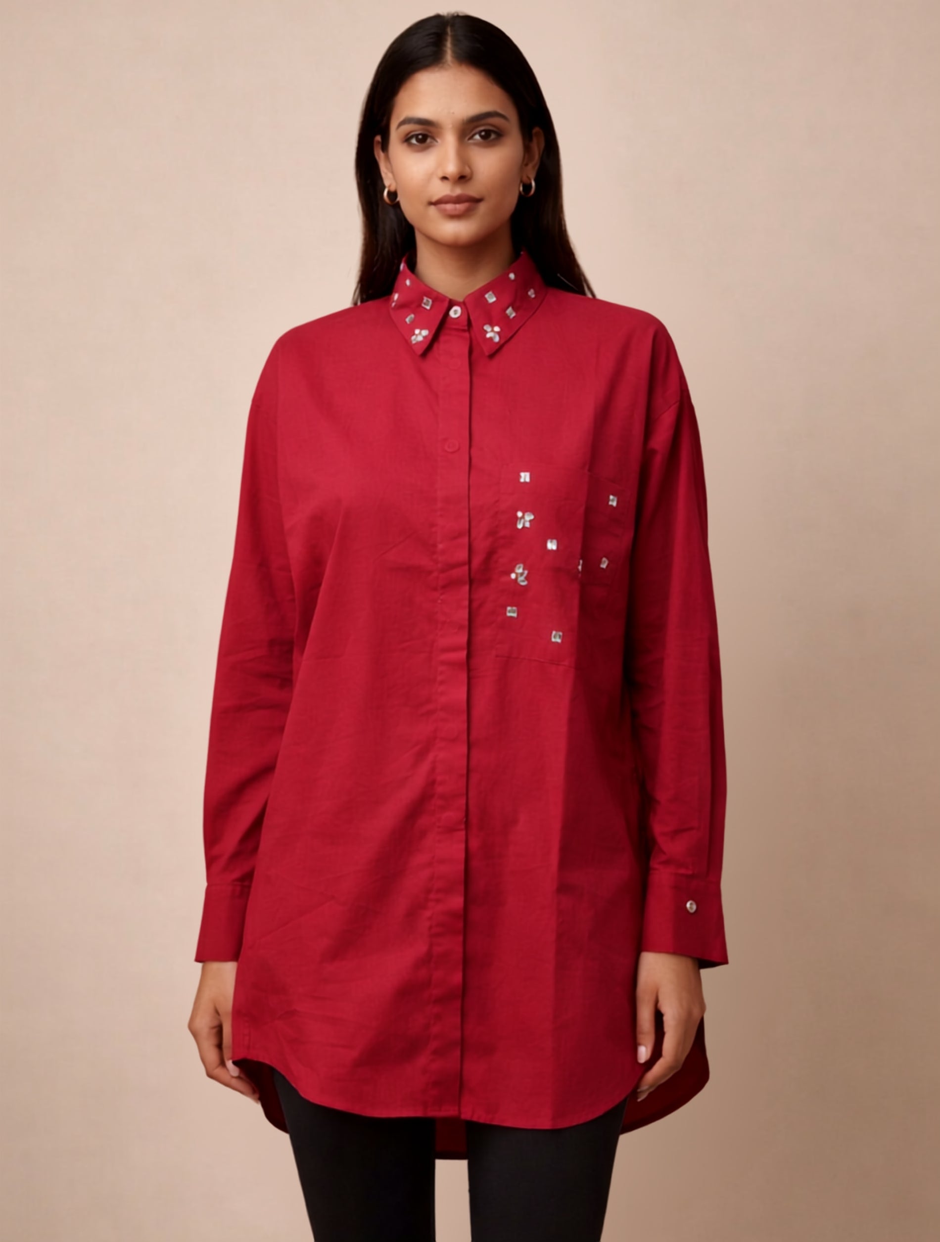 Crimson Muse Embellished Oversized Shirt for Women
