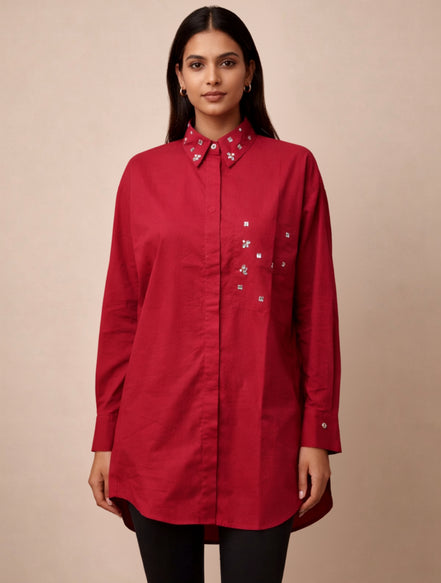 Crimson Muse Embellished Oversized Shirt for Women
