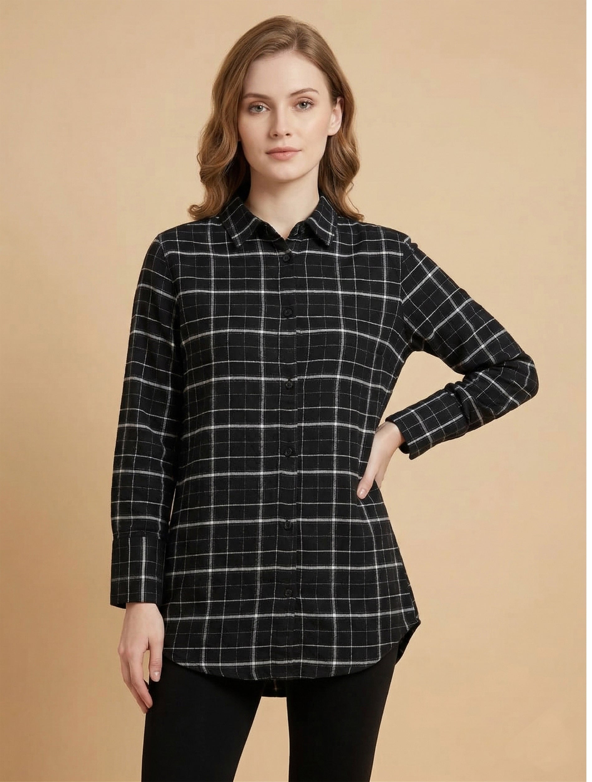 Noir Check Relaxed Shirt For Women