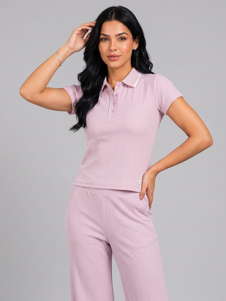 Ribbed Pink Co-Ord Set For Women