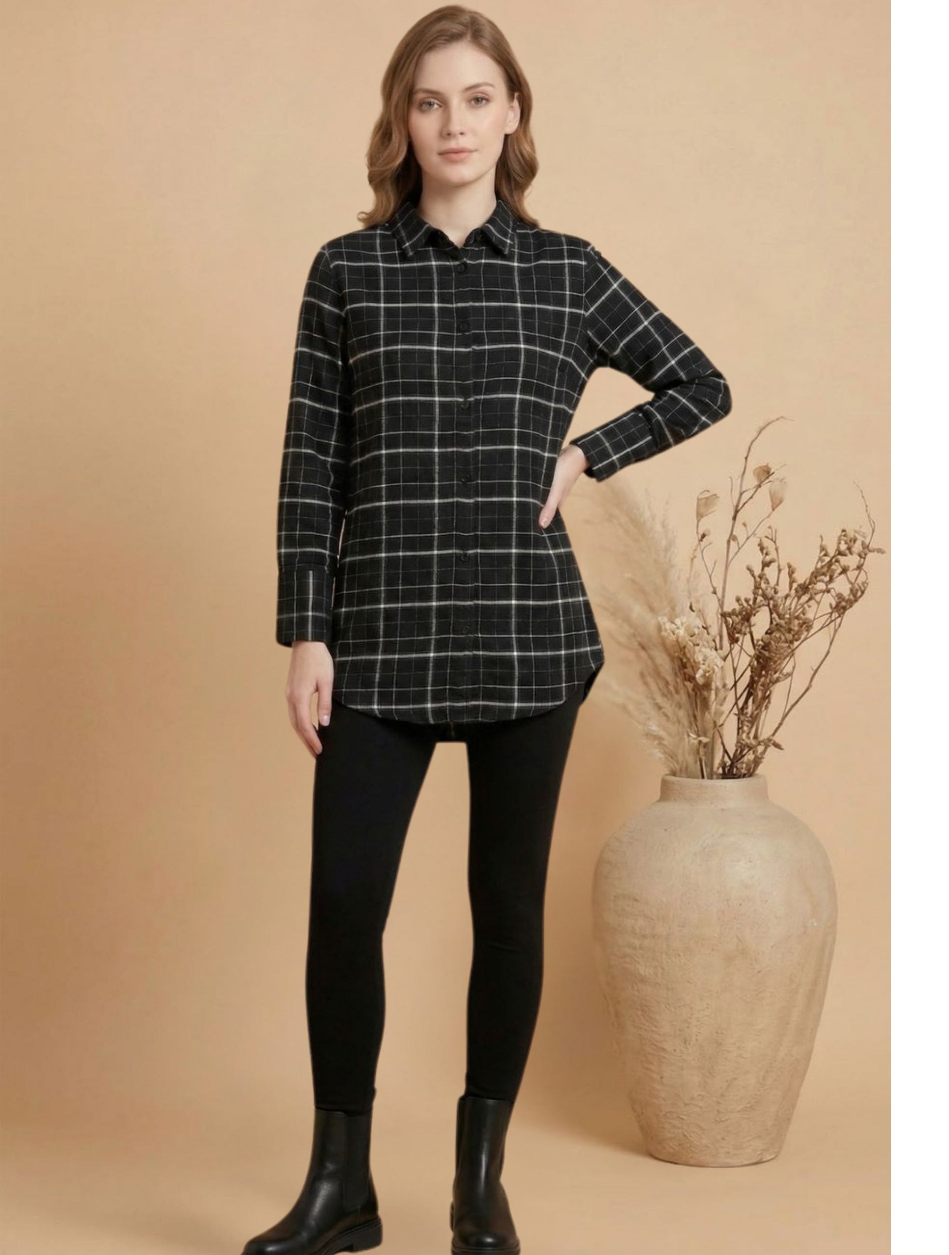 Noir Check Relaxed Shirt For Women