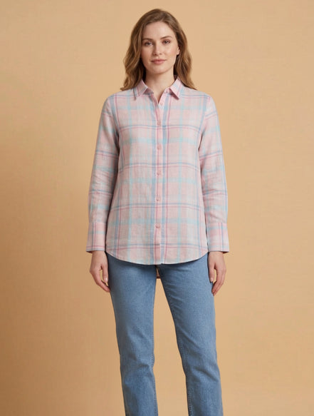 Pink Check Relaxed Shirt For Women