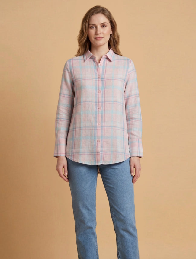 Pink Check Relaxed Shirt For Women