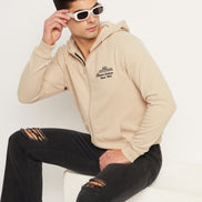 Beige Solid Full Sleeve Hooded Sweatshirt