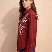 Maroon Bloom Embroidered Shirt For Women