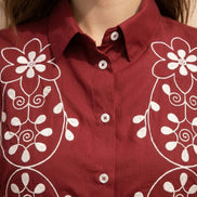 Maroon Bloom Embroidered Shirt For Women