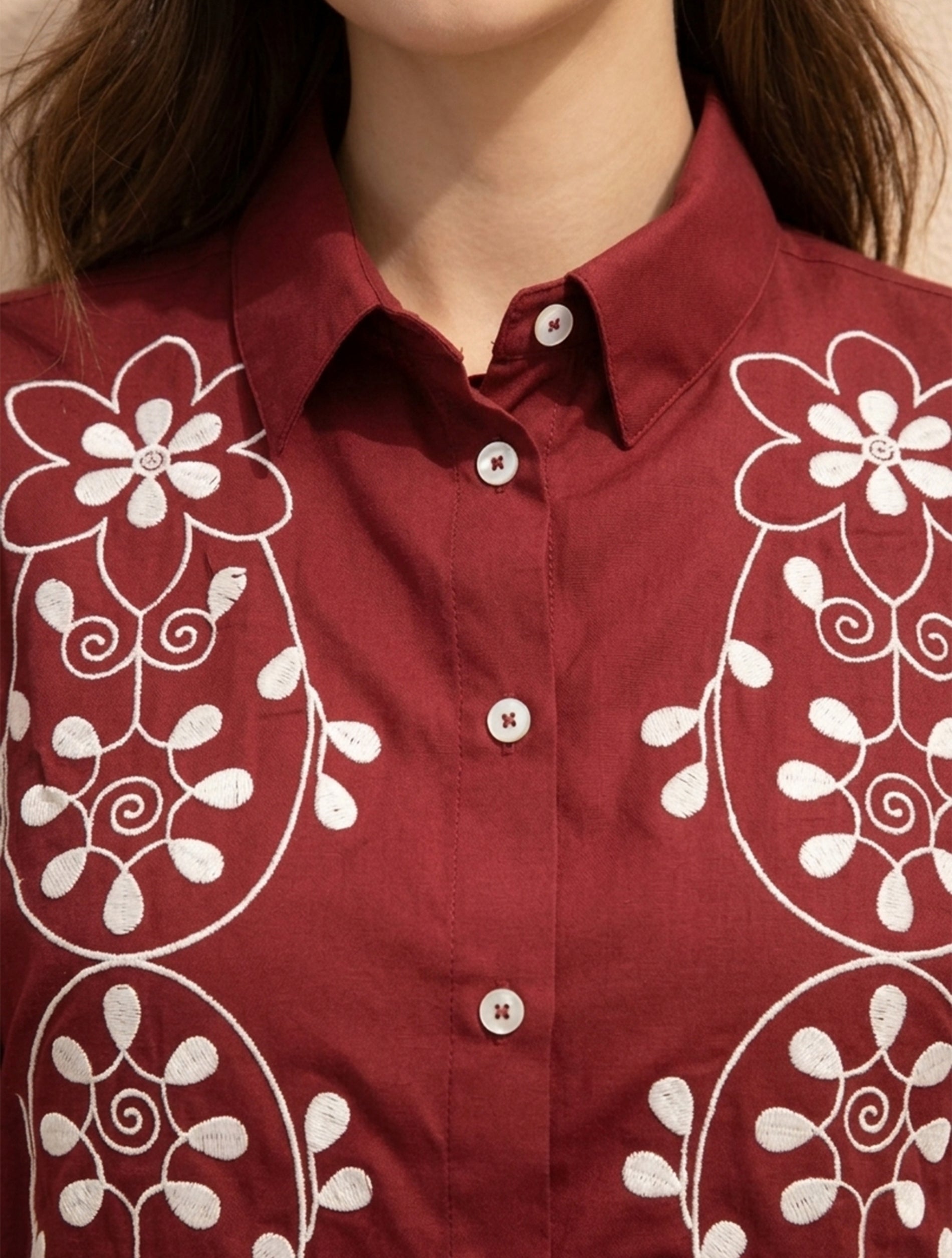 Maroon Bloom Embroidered Shirt For Women