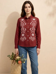 Maroon Bloom Embroidered Shirt For Women