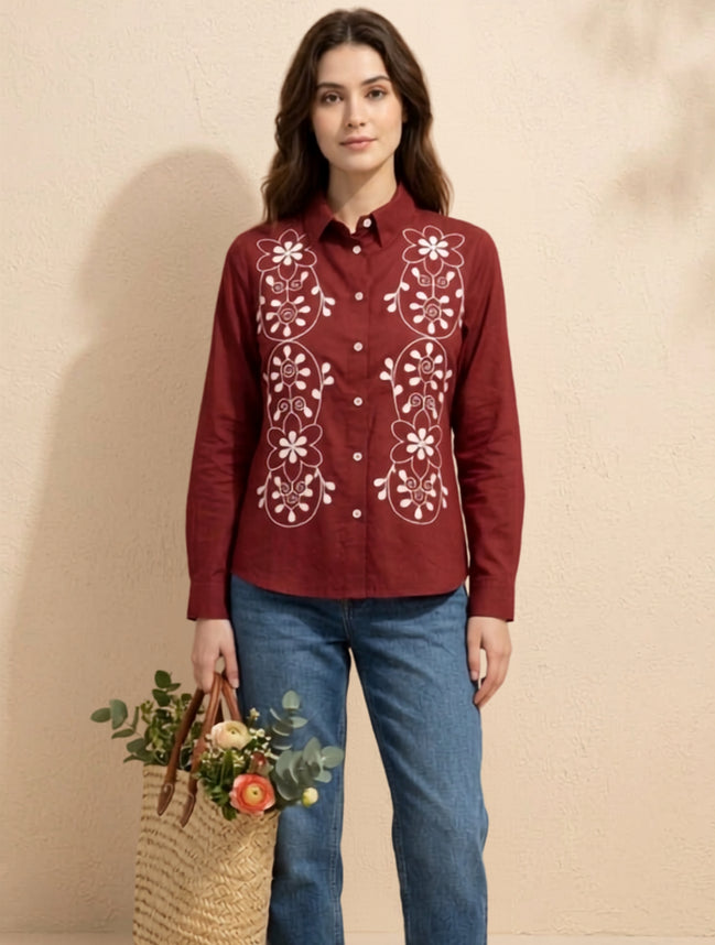 Maroon Bloom Embroidered Shirt For Women