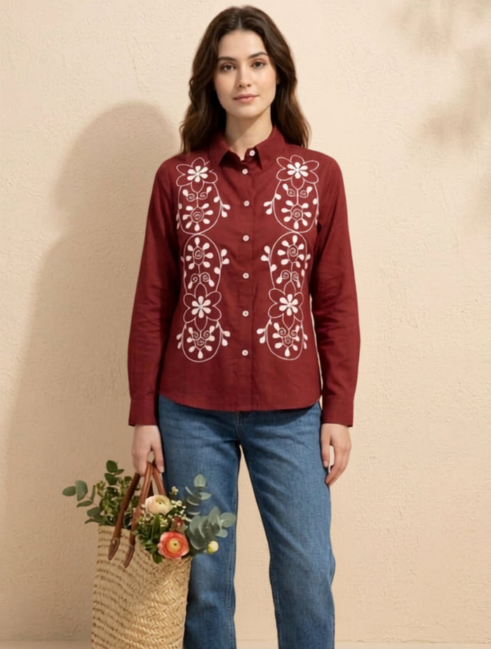 Maroon Bloom Embroidered Shirt For Women