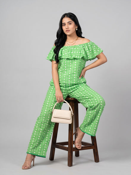 Green Off Shoulder Cord Set