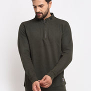 Olive Solid Front Half Zipper High Neck Sweatshirt