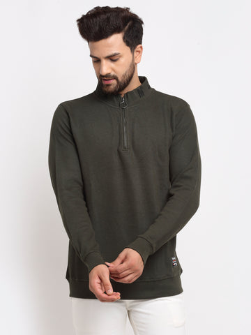 Olive Solid Front Half Zipper High Neck Sweatshirt
