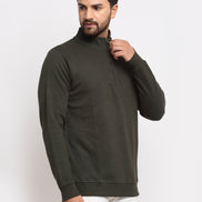 Olive Solid Front Half Zipper High Neck Sweatshirt