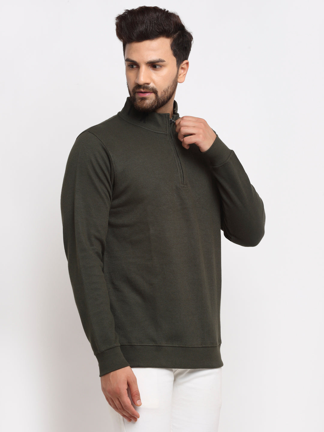 Olive Solid Front Half Zipper High Neck Sweatshirt