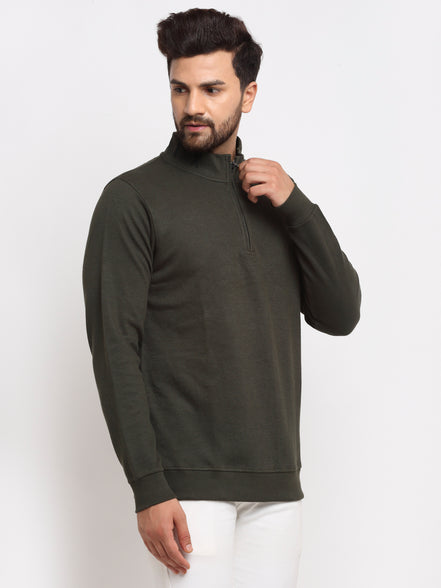 Olive Solid Front Half Zipper High Neck Sweatshirt