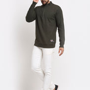 Olive Solid Front Half Zipper High Neck Sweatshirt