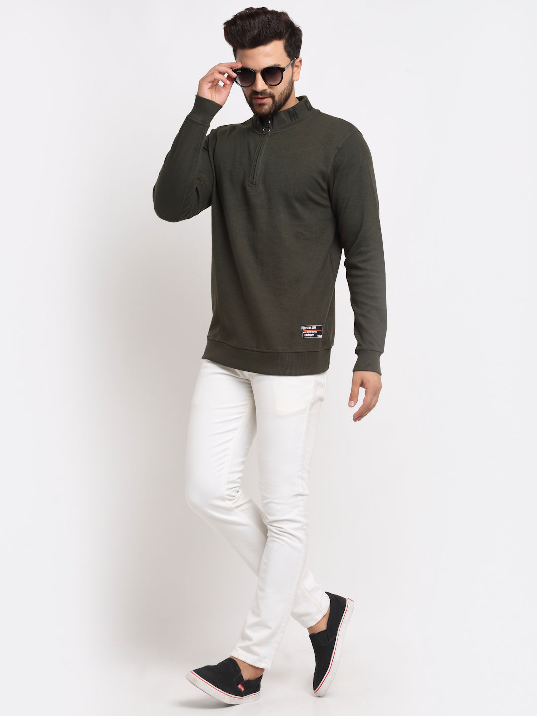 Olive Solid Front Half Zipper High Neck Sweatshirt