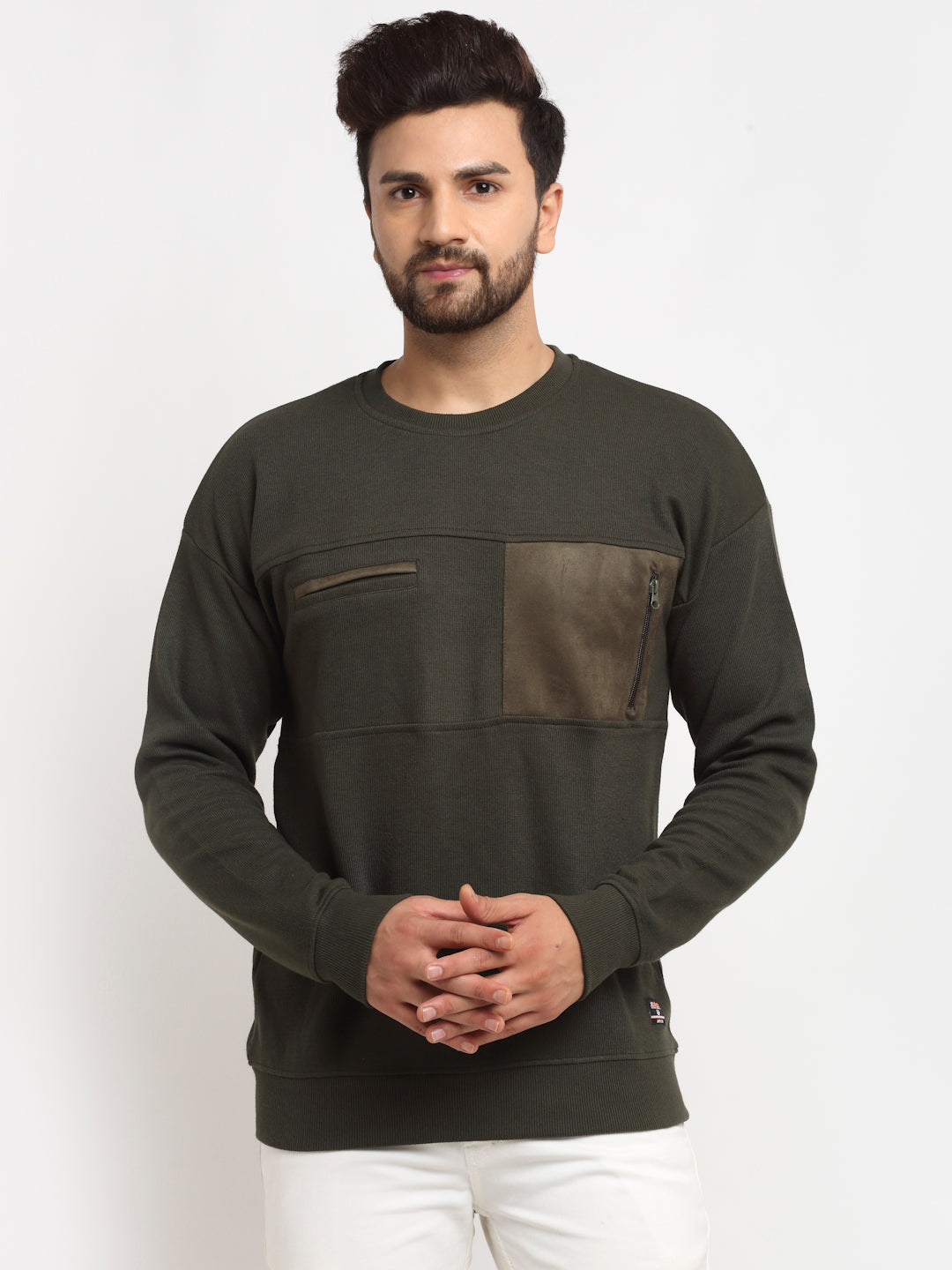 Olive Colourblocked  Round Neck Sweatshirt