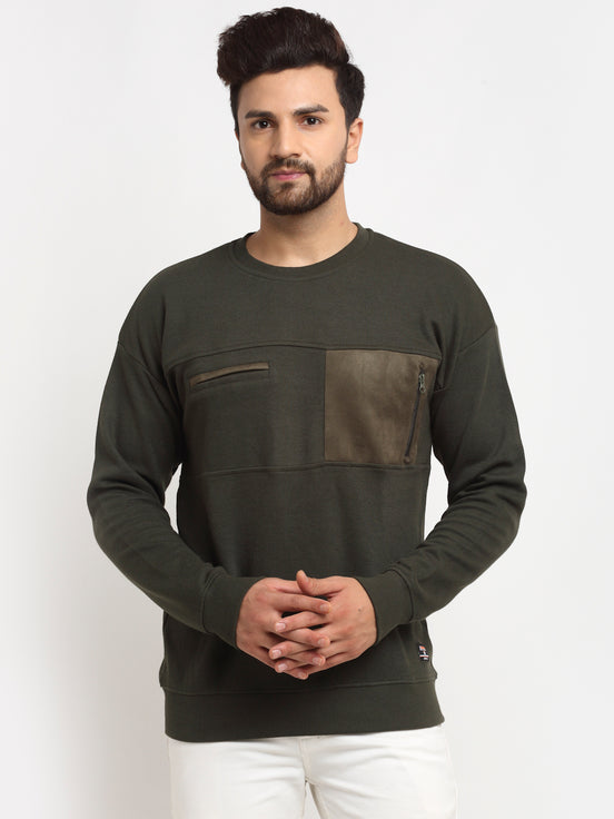 Olive Colourblocked  Round Neck Sweatshirt