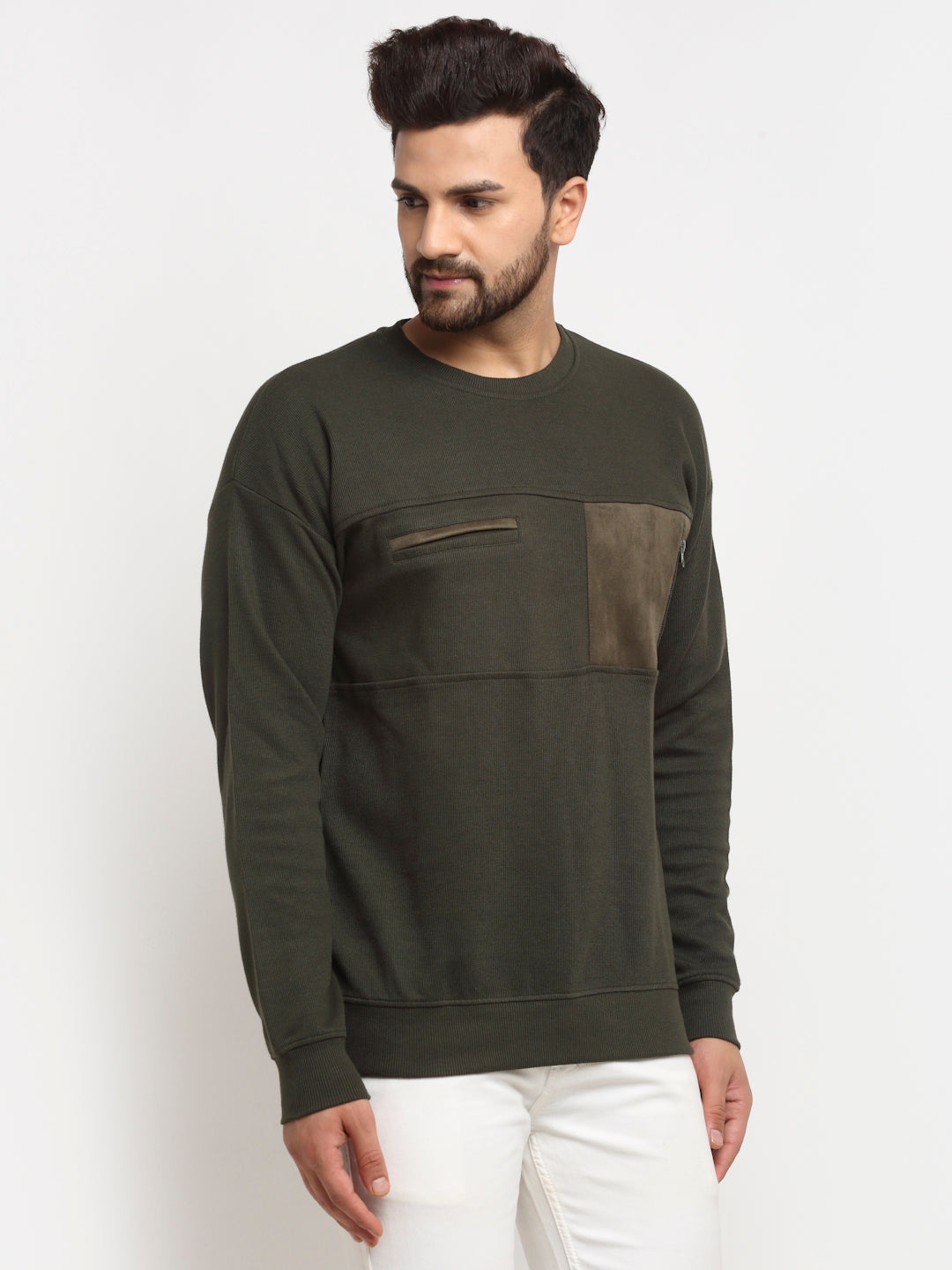 Olive Colourblocked  Round Neck Sweatshirt