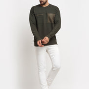 Olive Colourblocked  Round Neck Sweatshirt