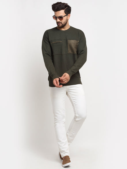 Olive Colourblocked  Round Neck Sweatshirt