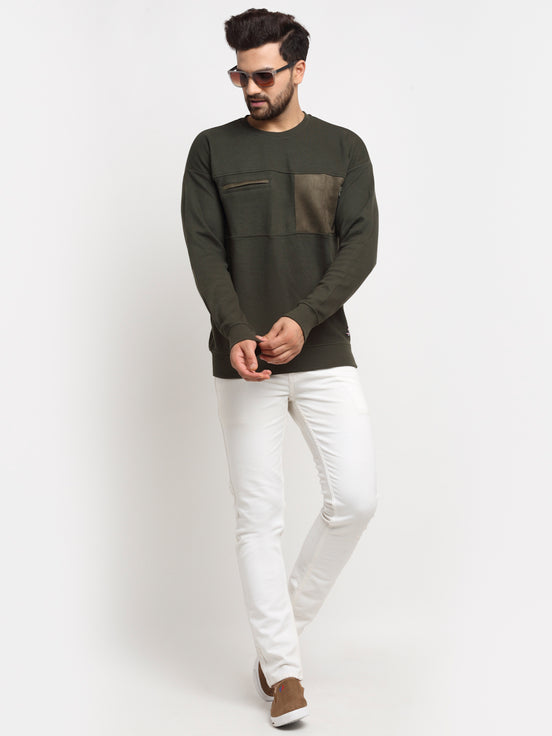 Olive Colourblocked  Round Neck Sweatshirt