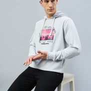 Ecru Melange Printed Full Sleeve Hooded Sweatshirt
