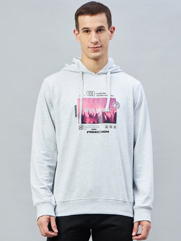 Ecru Melange Printed Full Sleeve Hooded Sweatshirt