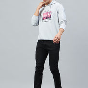 Ecru Melange Printed Full Sleeve Hooded Sweatshirt