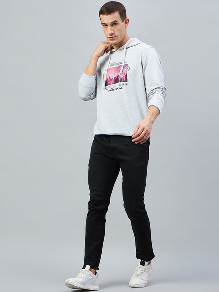 Ecru Melange Printed Full Sleeve Hooded Sweatshirt