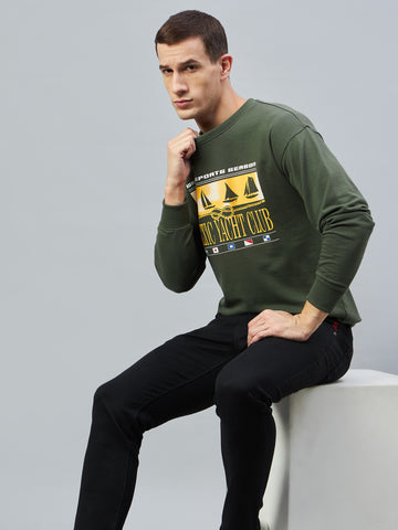 Olive Printed Full Sleeve Round Neck Sweatshirt