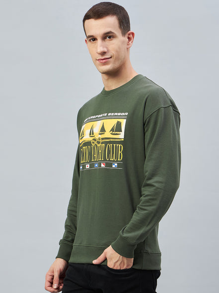 Olive Printed Full Sleeve Round Neck Sweatshirt