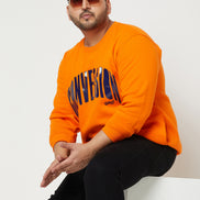 Orange Printed Full Sleeve Round Neck Plus Size Sweatshirt