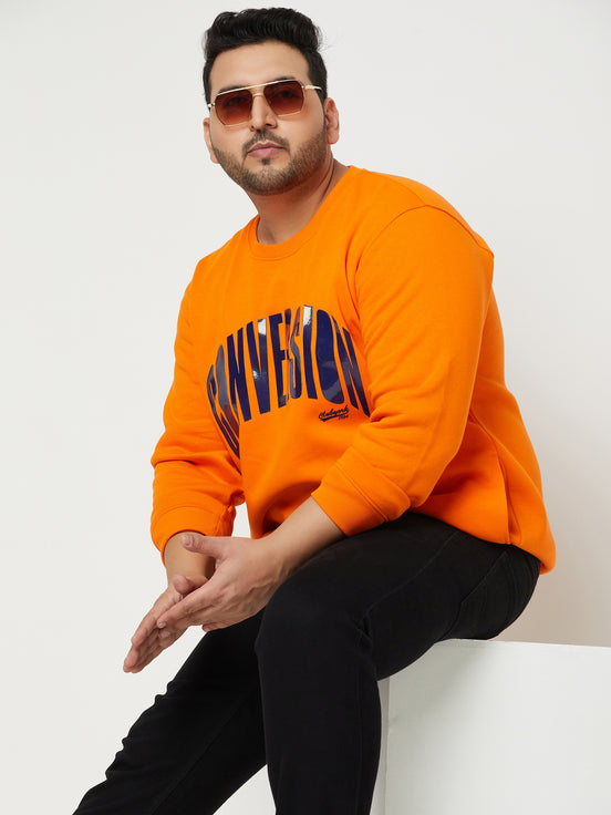 Orange Printed Full Sleeve Round Neck Plus Size Sweatshirt