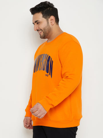 Orange Printed Full Sleeve Round Neck Plus Size Sweatshirt