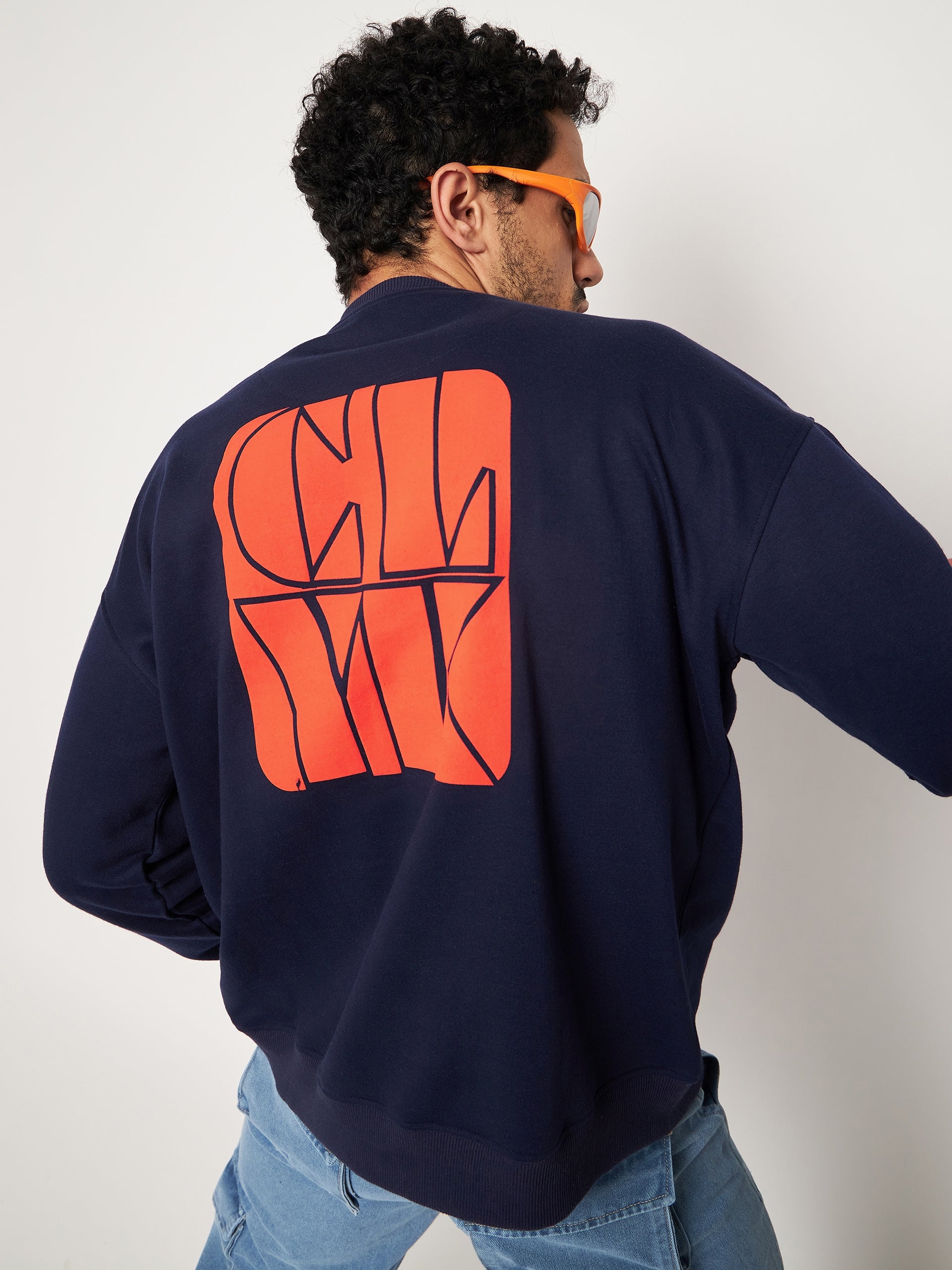 Navy Printed Full Sleeve Round Neck Sweatshirt