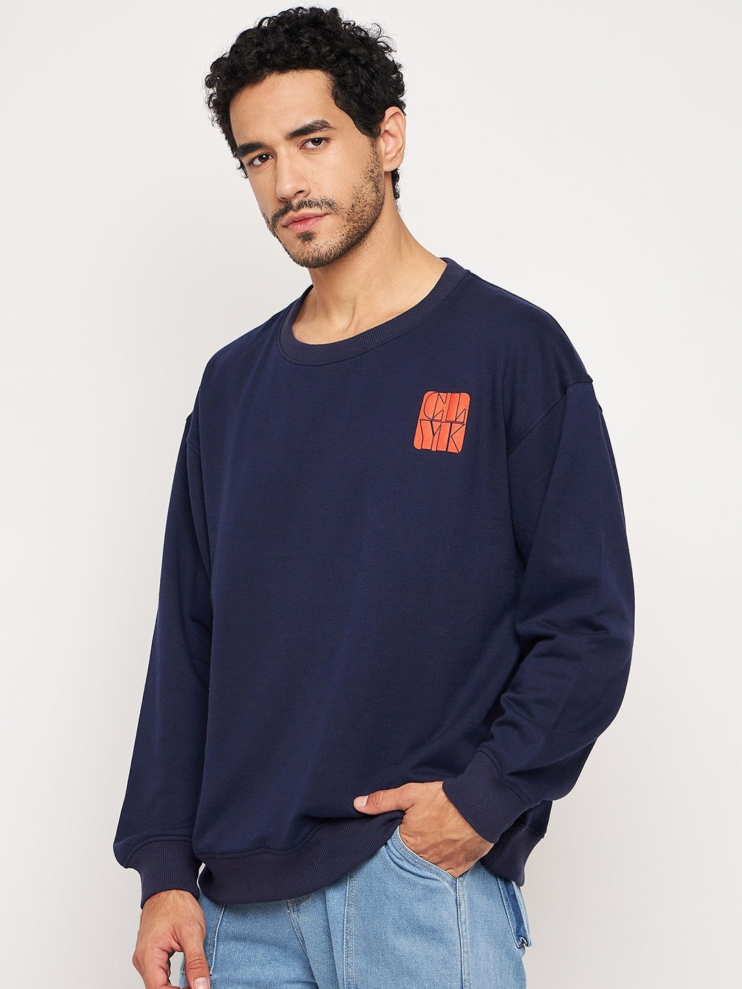 Navy Printed Full Sleeve Round Neck Sweatshirt