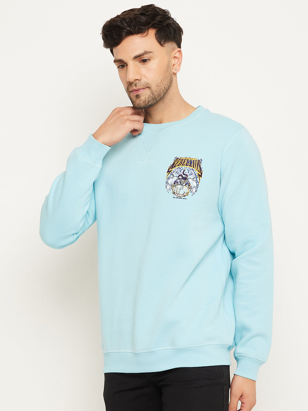 Sky Blue Printed Full Sleeve Round Neck Sweatshirt