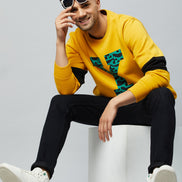Mustard Printed Full Sleeve Round Neck Sweatshirt