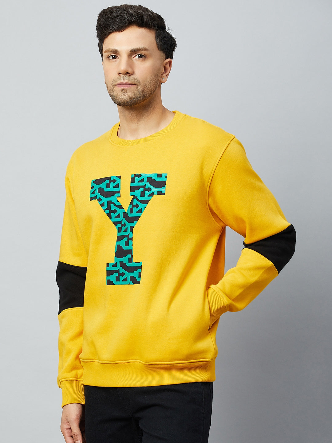 Mustard Printed Full Sleeve Round Neck Sweatshirt