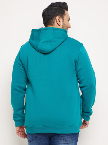 Blue Printed Full Sleeve Hooded Plus Size Sweatshirt