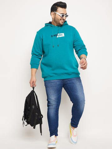 Blue Printed Full Sleeve Hooded Plus Size Sweatshirt