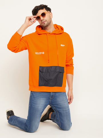 Orange Printed Full Sleeve Hooded Sweatshirt